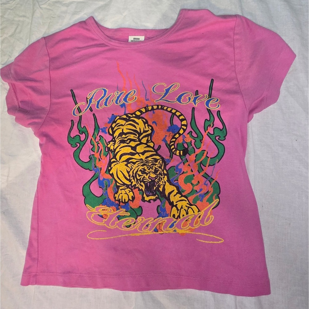 Y2K Baby T-shirt Urban Outfitters XL Pink Tiger Tattoo Style Pure Love Eternal